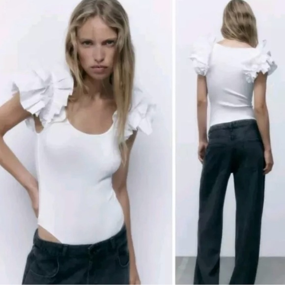 Zara White Ruffled Rib Bodysuit - Picture 15 of 16